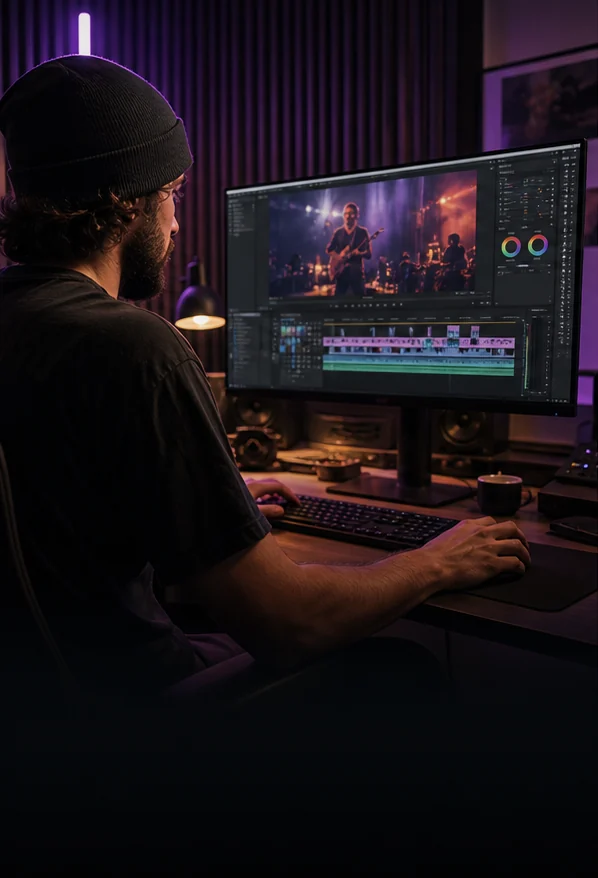 A video editor working on an event film in a professional editing suite