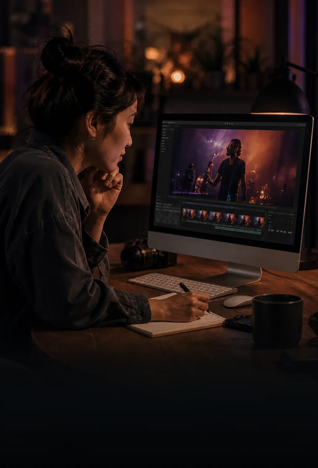 A filmmaker reviewing the project and writing feedback at an all-in-one desktop computer